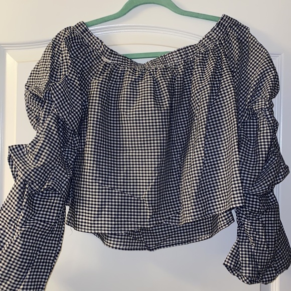Plaid long sleeve off the shoulder top - Picture 3 of 3